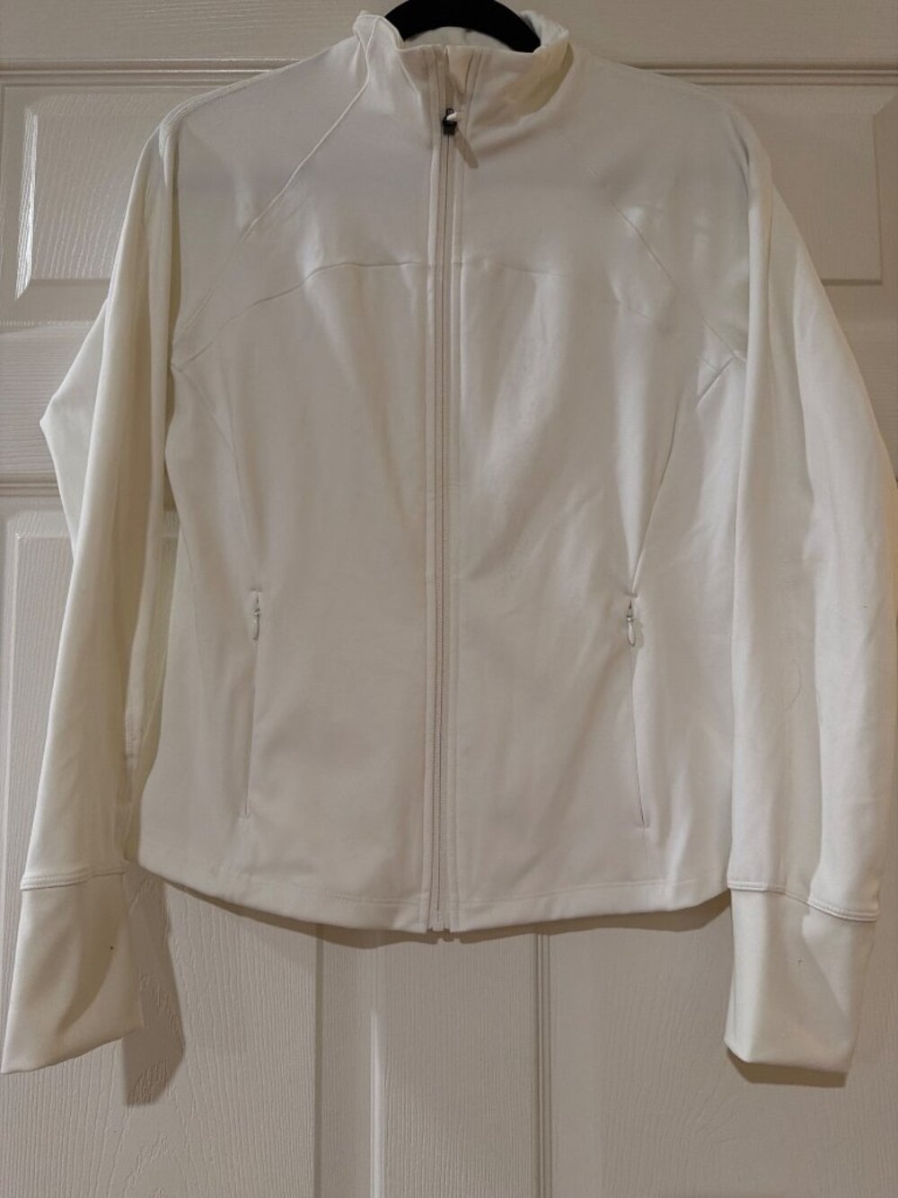 Jockey White Full-Zip Womens Jacket With Thumbholes Pockets And High Neck Collar